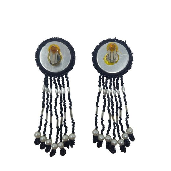 Vintage Black & Silver Sequin Beaded Fringe Clip-On Earrings | 4.42" | Circa 198 - Picture 7 of 7